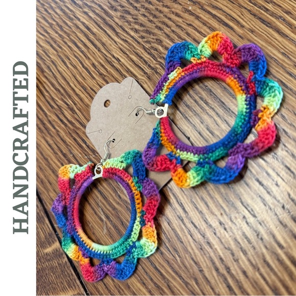 Multicolor Boho Flower Crochet Earrings | Handmade Statement Jewelry | Rainbow - Picture 5 of 5
